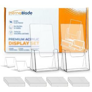 Acrylic Brochure Holder and Business Card Holder 2 Pack with 20 Self Adhesive Label Holders, Acrylic Display Stands for Countertops, Clear Plastic Flyer Holder for Magazines Pamphlets Booklets
