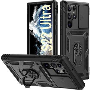 PASNEW Case for Samsung Galaxy S22 Ultra 5G,Finger Ring Kickstand & Camera Cover Slide,Military Multi-Layered Heavy Duty Shockproof Protection Shell for S22Ultra,6.8 inch,Black