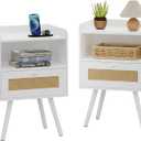 SUPERJARE Nightstands Set of 2, Bedside Tables with PE Rattan Drawers, Rattan Side Table with Storage & Solid Wood Feet, End Table for Bedroom, White