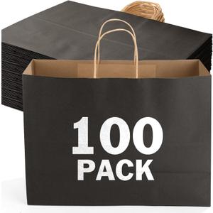 XPCARE 100Pack Large Kraft Paper Bags with Handles Bulk, 16x6x12 Inch Black Paper Bag Kraft Shopping Bags for Business Merchandise Wedding Party Favor Bag