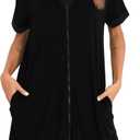 SWOMOG Women Zipper Front House Coat Short Sleeves Robe Zip up Bathrobes Short Nightgown with Pockets (Large, Black Black Trim)