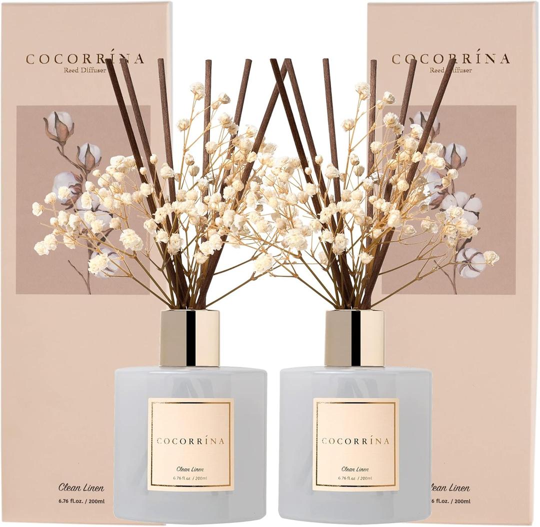 Cocorrna Reed Diffuser Set, 6.7 fl.oz Clean Linen 2 Packs Scented Diffuser with Sticks Home Fragrance Reed Diffuser for Bathroom Shelf Decor