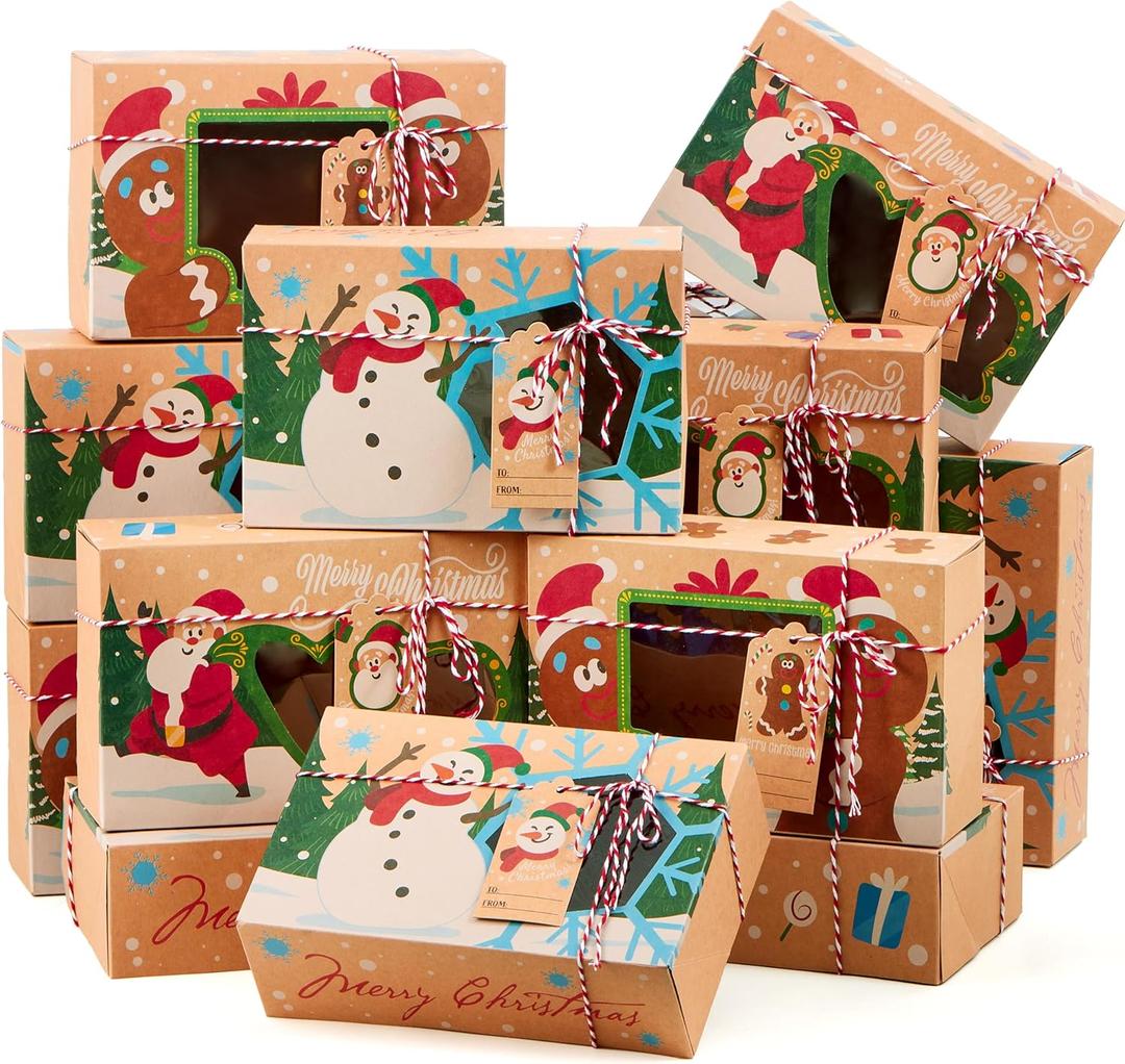 JOYIN 24 PCS Christmas Cookie Gift Baking Box 8.75" x 5.75" x 2.75 with Window Auto-Popup, Xmas Holiday Treat Boxes Containers with Tags for Party Favor Pastries, Cupcake, Brownies, Donut Gift-Giving