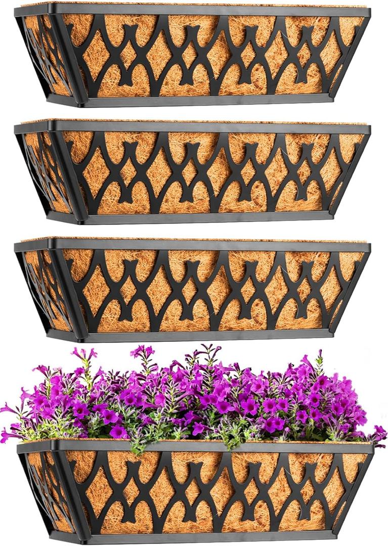 4 Pack 14 Inch Window Boxes Planters Railing Planter Box with Coco Liners Deck Railing Planter Boxes Balcony Hanging Flower Box for Outdoor Plants Garden Decor