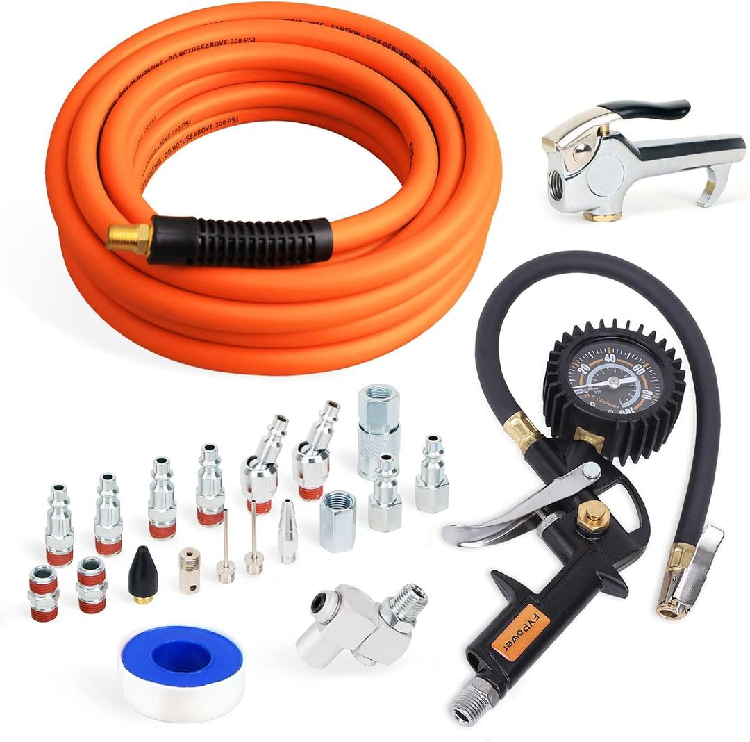 22 Pieces Air Compressor Accessories kit, 3/8 inch x 25 ft Hybrid Air Compressor Hose Kit, 1/4" NPT Quick Connect Air Fittings, Tire Inflator Gauge, Heavy Duty Blow Gun, Swivel Plugs