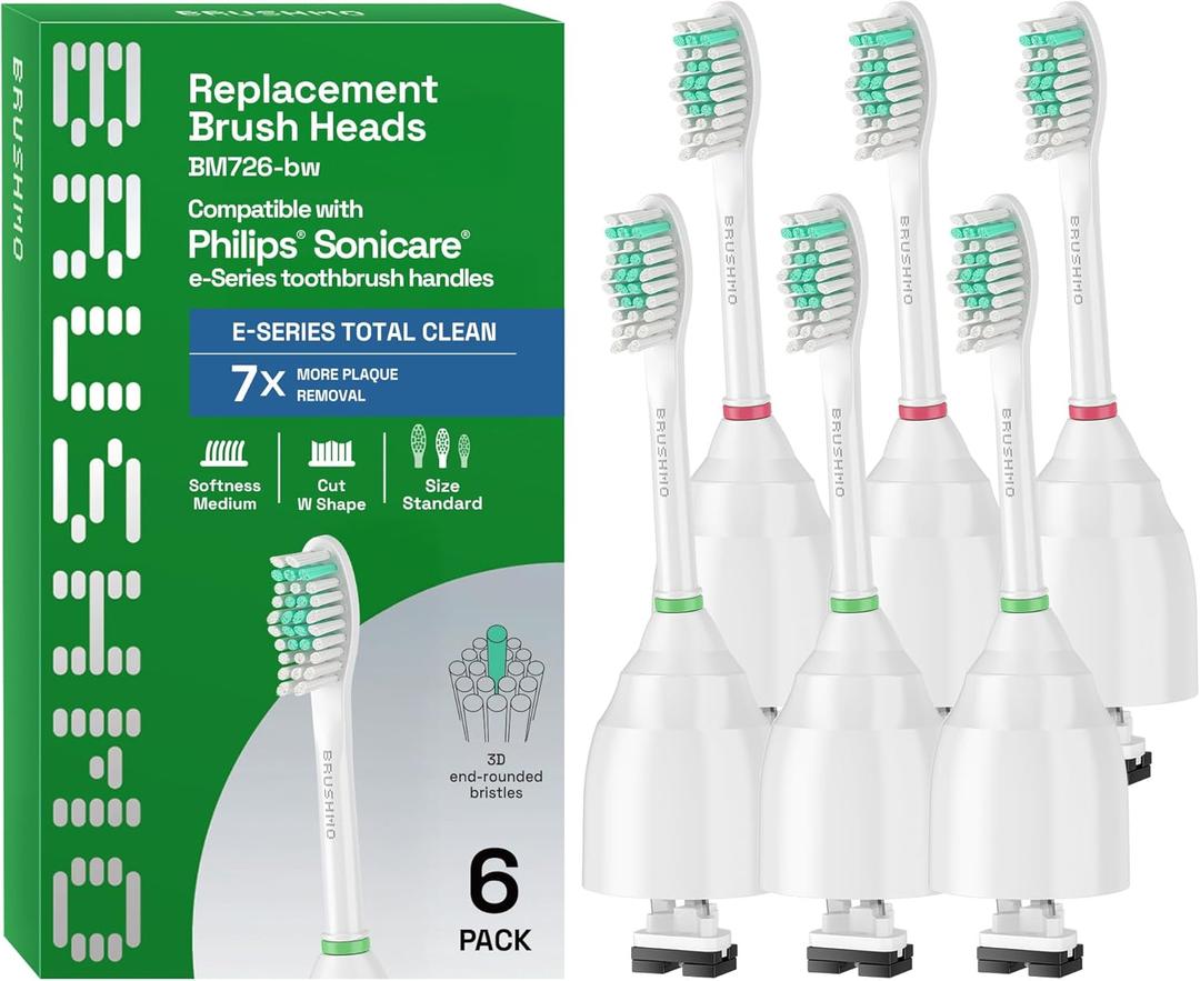 Brushmo e-Series Total Clean Replacement Toothbrush Heads, Compatible with Philips Sonicare Screw-on Electric Toothbrush Handles, 6 Standard Heads, Medium Firm Dupont Bristles, BM726-bw, White (6 Count (Pack of 1))
