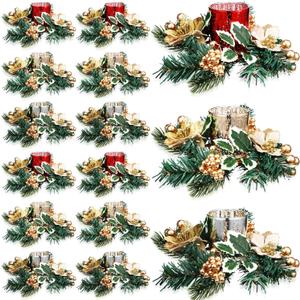 Ceenna Set of 24 Christmas Candle Ring Wreaths with Glass Votive Tealight Holders, Candle Rings and Gold Poinsettia Small Christmas Decor Table Centerpieces Party Ornament
