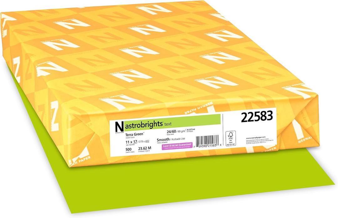 Wausau Astrobrights Color Paper, 24 lb Bond Weight, 11 x 17, Terra Green, 500/Ream