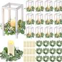 Geelin 12 Set 10.59'' White Wooden Lanterns for Wedding Centerpieces Include 12 Wooden Lantern 12 LED Candle 12 Eucalyptus Leaves Wreath for Wedding Baby Shower Farmhouse Table Decor
