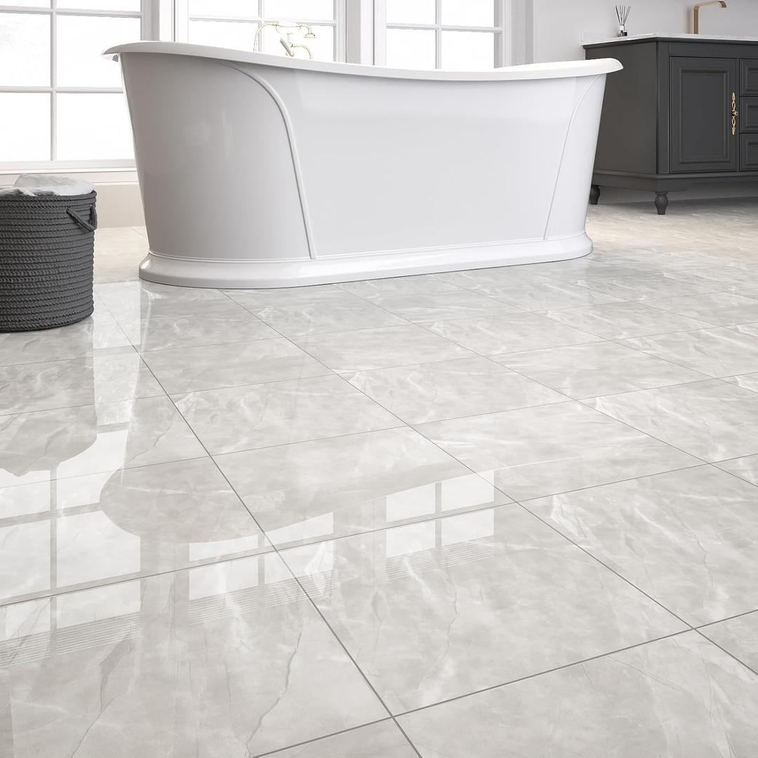 20-Pack Peel and Stick Floor Tiles Vinyl Floor 12 x 12 inch Self Adhesive Waterproof Glossy Flooring Planks DIY for Bathroom, Kitchen, Living Room, RV, Cover 20 Sq. Ft, Polish Light Grey Marble