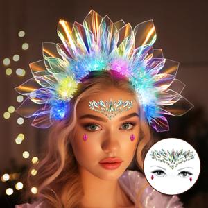 Farochy Headbands - Led Glow Headband With Face Jewels. One Size Fits All, 3 Flashing Modes. Premium Material, Widely Used For Parties, Weddings, And Photography.