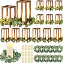 Geelin 12 Set 10.59'', 13'' Brown Wooden Lanterns for Centerpieces Include 12 Wooden Lantern 12 LED Candle 12 Eucalyptus Leaves Wreath for Wedding Baby Shower Farmhouse Table Decor