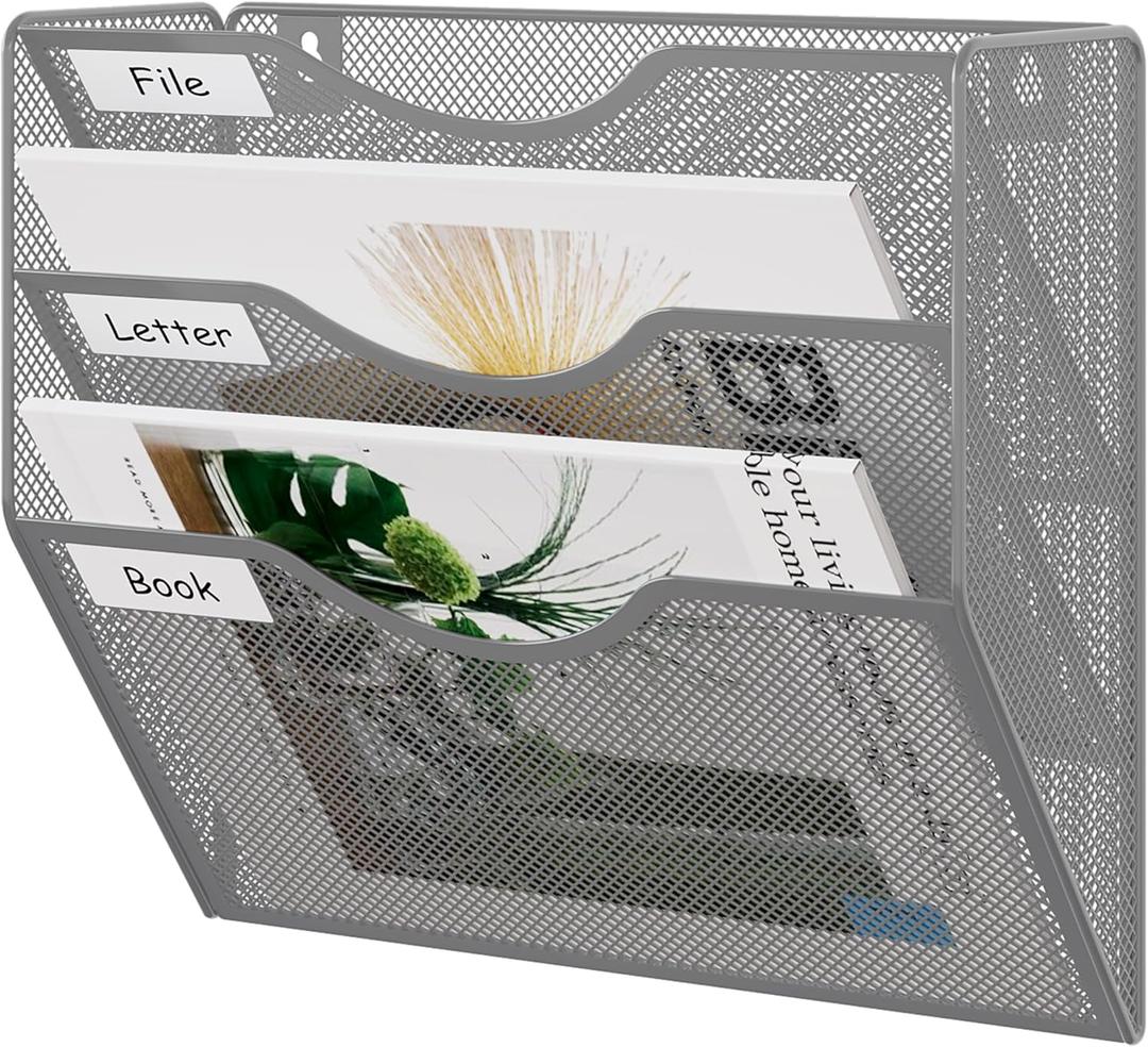 EasyPAG 3 Pocket Mesh Wall File Organizer, Hanging Paper Folder Holder with Classify Label, Vertical Wall Mount Mail Organizer for Office Home Classroom, Silver