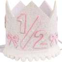 Pink Bow 1/2 Birthday Crown, 6 Months Decorations for Baby Girls, Little Princess Crown for Cake Smash, Bow Themed Half Birthday Hat Photo Props, 1/2 Way To One Decoration