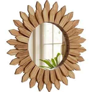 20 Inch Brown Boho Wall Decor Sunburst Mirror - Round Wooden Wall Decor, Handmade Rustic Circular Mirror for Living Room, Bedroom, Entryway, Office