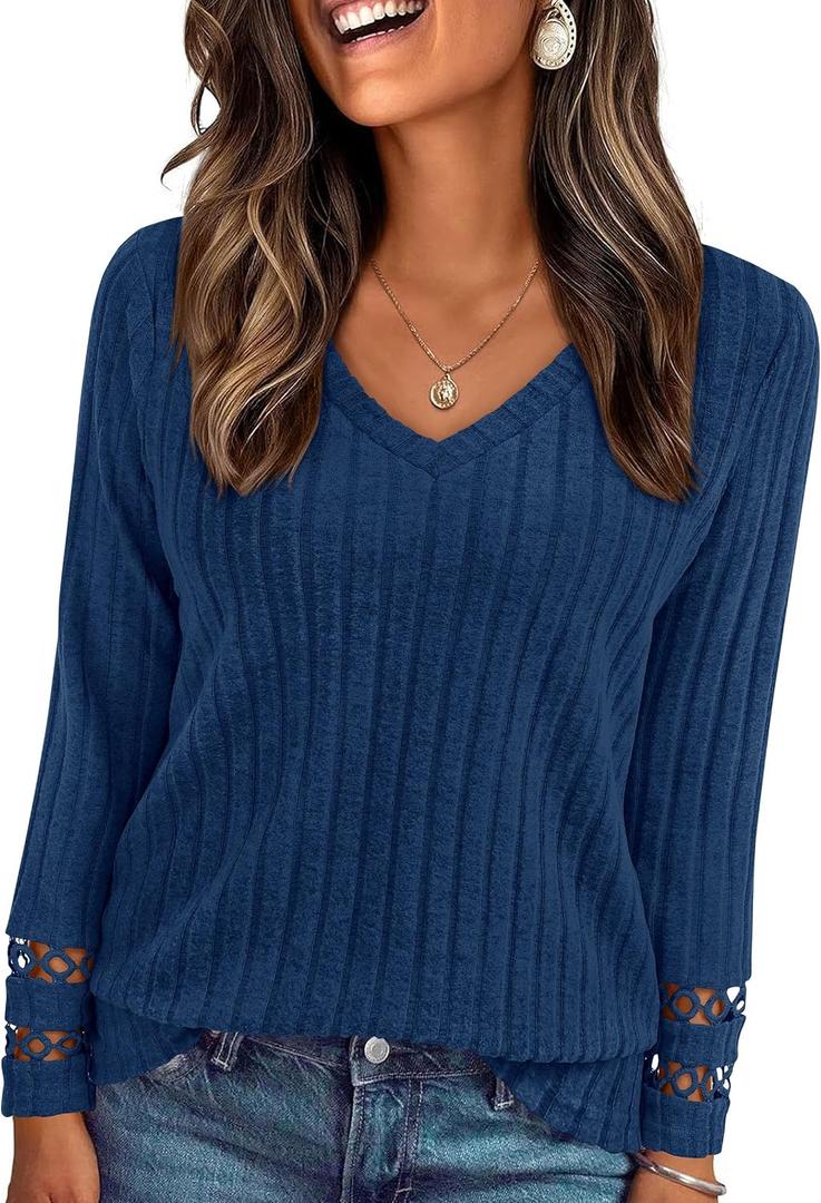 PRETTYGARDEN Women's Long Sleeve Shirts Ribbed Knit V Neck Tee Dressy Casual Blouses Going Out Tunic Tops 2026 Fall Outfits (Blue, M)