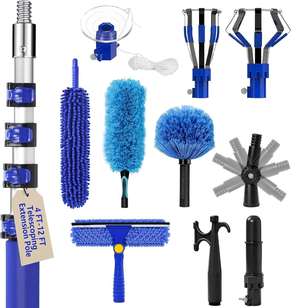 20FT Light Bulb Changer for High Ceilings with 5-12FT Heavy Duty Extension Pole,High Ceiling Fan Duster Extendable Reusable Cobweb,Feather,Window Cleaning Squeegee Kit for Home & House,Interior Roof (Blue)