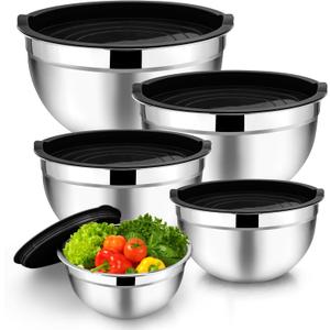 TeamFar Mixing Bowl Set of 5, 4.5/3/1.5/1/0.7 QT, Stainless Steel Metal Nesting Salad Bowl with Lid Set, Ideal for Mixing Serving, Non-Toxic & Sturdy, Airtight Lid & Easy Clean, Black, 4.7'' H x 10.2 Dia