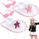 2 Pack White Cow girl Hat with Heart Sunglasses, Cowboy Hat with Pink Sequin Star, Preppy Cow Girl Costume Accessories with Adjustable Neck Draw String for Women, Halloween, Dress Up Party