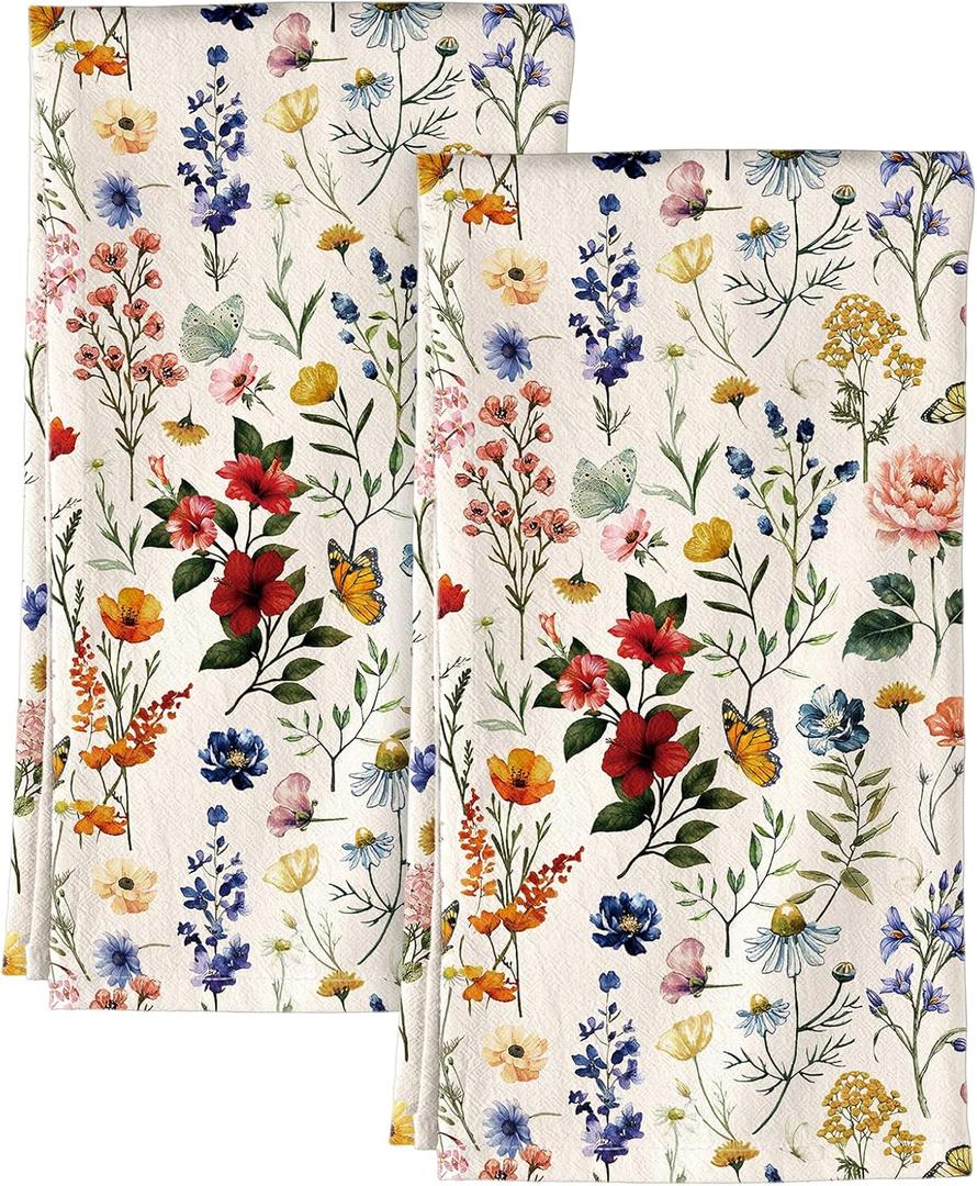 Flour Sack Kitchen Towels - Set of 2 Spring Dish Towels with Hanging Loop 18x26 Inch Absorbent Reusable Cotton Cloths for Cleaning Cute Design Home Decorative Housewarming, Vintage Flower