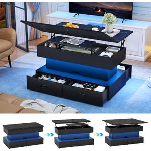 40" Lift Top Coffee Table, LED Coffee Tables with Storage and 4 Drawers, Coffee Table with Lifting top for Living Room Home Office, Black