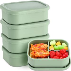 Honeydak 4 Pcs Silicone Bento Box Reusable Silicone Bento Lunch Container for Adults Microwave Dishwasher Freezer Safe 3 Compartment (Olive Green)