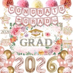 Holkcog 2026 Graduation Decorations, Pink Class of 2026 Congrats Graduation Floral Backdrop, Balloons, Paper Pompoms for Graduation Party Decorations, Outdoor Indoor College Grad Party Decorations
