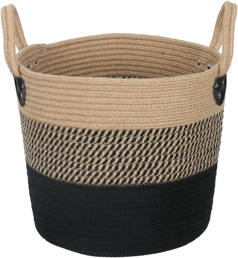 ZOES HOMEWARE 14"x12" Natural Jute Rope Woven Storage Basket with Handles for Plant, Blankets,Toys - Living Room Home Decor,Multifunctional Basket for Organizer,Picnic,Artificial Tree Black and Beige (Large)