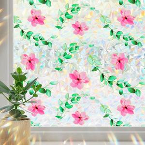 Coavas Window Privacy Film, Stained Glass Window Film Decorative, Rainbow Static Cling Windows Coverings Film, Floral Non-Adhesive Sun Blocking Decals for Home Bathroom Door, Pink, 17.5" x 78.7"