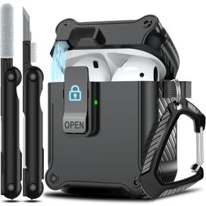 RFUNGUANGO for Airpods 2nd and 1st Generation Protective Cases Automatic Pop-up with Safety Lock Clip, Full Body Shockproof Hard Case with Keychain (Cleaning Tool) - Black