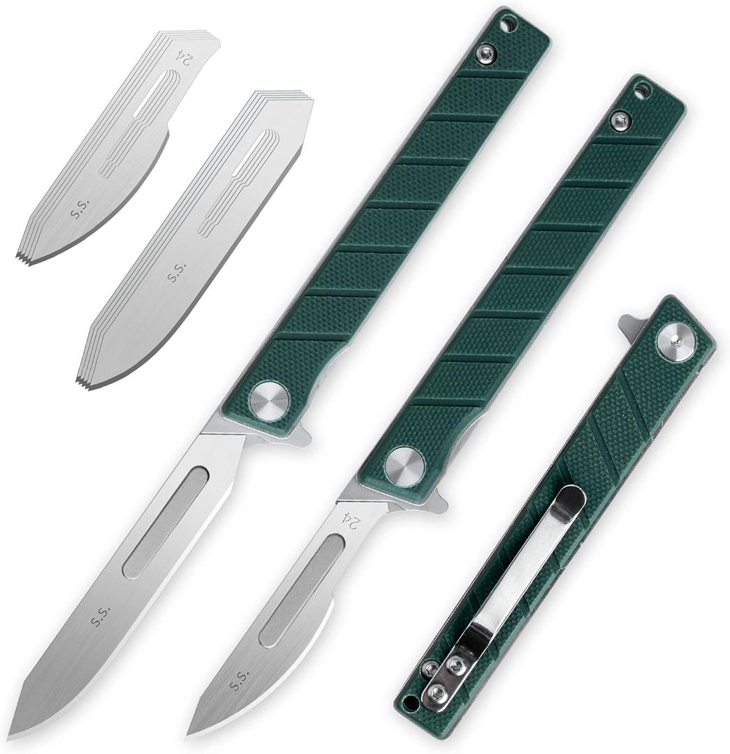 G016 Mini Slim Folding Scalpel with 5pcs #24 and 5pcs #60 G10 Handle with Liner Lock, Utility EDC Pocket Knife with Back ClipGreen