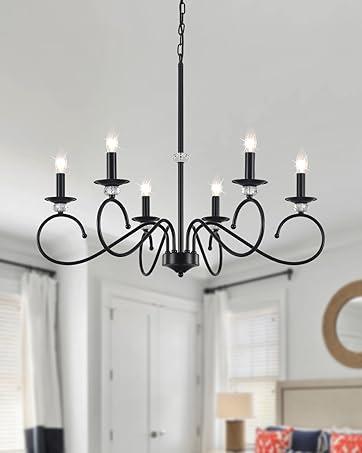 ZXFGNF 6-Light Black Chandelier, Kitchen Chandeliers Over Table, Vintage Crystal Candle Hanging Lighting Fixtures, Rustic Industrial Farmhouse Chandelier for Living Room Entryway Foyer Bedroom Island