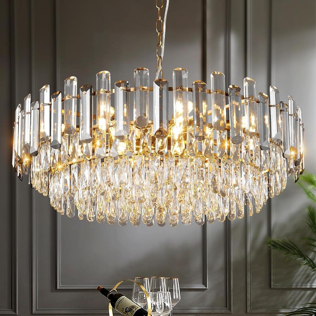 31.5" Modern Crystal Chandelier Gold 3-Tier Luxury Crystal Pendant Light 12-Light Ceiling Pendant Lighting for Dinning Room Living Room Foyer