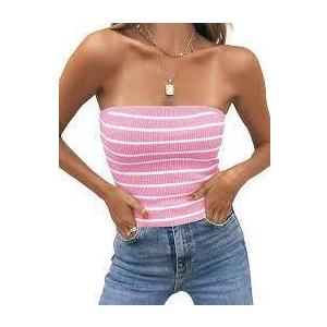SOLY HUX Women's Tube Tops Strapless Bandeau Crop Tops Y2K Rib Knit Striped Twist Front Sleeveless Tops Multicolored M
