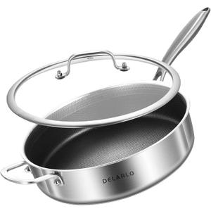 DELARLO Frying Pan,12 inch Tri-Ply Stainless Steel Skillet,6 Quart Saute Pan with lid, Compatible with All Cooktops,Oven Up to 660,Chicken Fryer,Dishwasher-Friendly