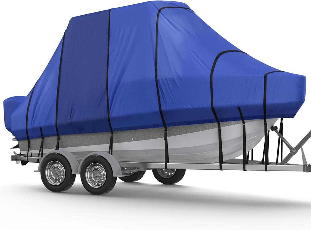RVMasking Hard Top/T-Top Boat Cover, 1200D Partial Reinforced Waterproof Heavy Duty with Motor Cover for Center Console Boat with T TOP Roof, 22'-24' Long Beam Width up to 106", Blue