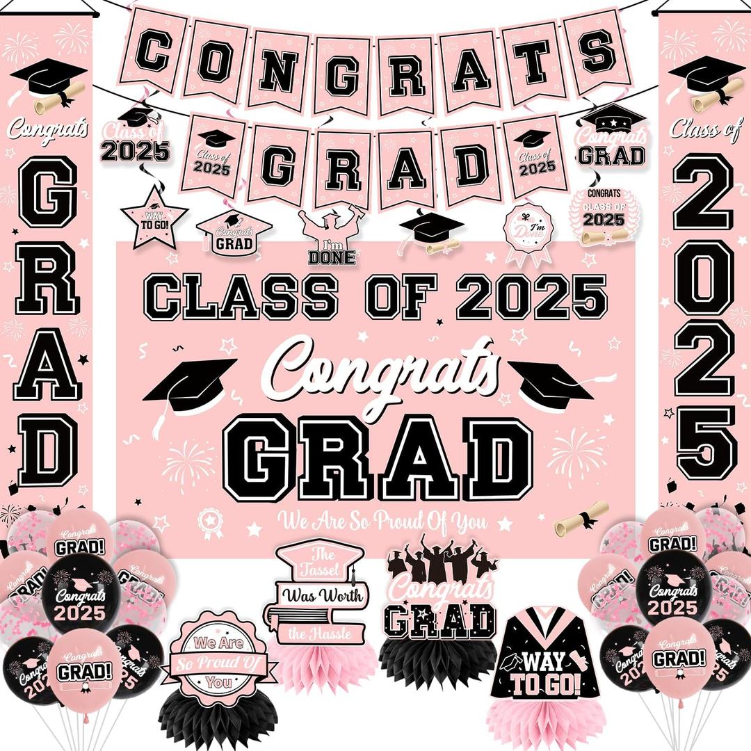 Graduation Decorations Class of 2025 Pink Graduation Party Decor Set include Congrats Grad Banner Backdrop Class of 2025 Balloons Party Supplies