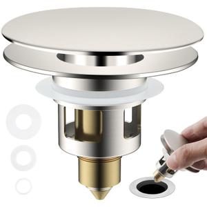 Hygie Rinse Universal Bathroom Sink Stopper All Metal 2 in 1 Pop Up Basin Sink Drain Strainer for 1.1~2.3 Inch US Standard Sink Drain Strainer with Hair Catcher, Anti-Clog, Brushed Nickel