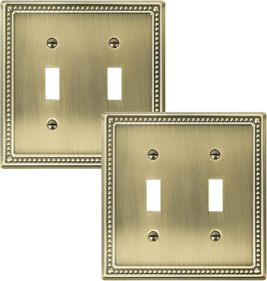 2-Pack Double Toggle Light Switch Cover Plate, Pearls Decorative Dual Switch Plate Covers, Antique Brass 2 Gang Metal Wall Plate, Corrosion Resistant