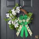 3 x BUVANE St. Patrick's Day Wreath Bow,12 x 20 Inches Large Green Shamrock Irish Holiday Decoration Bow with Streamer Wired Edge Ribbon (Green)