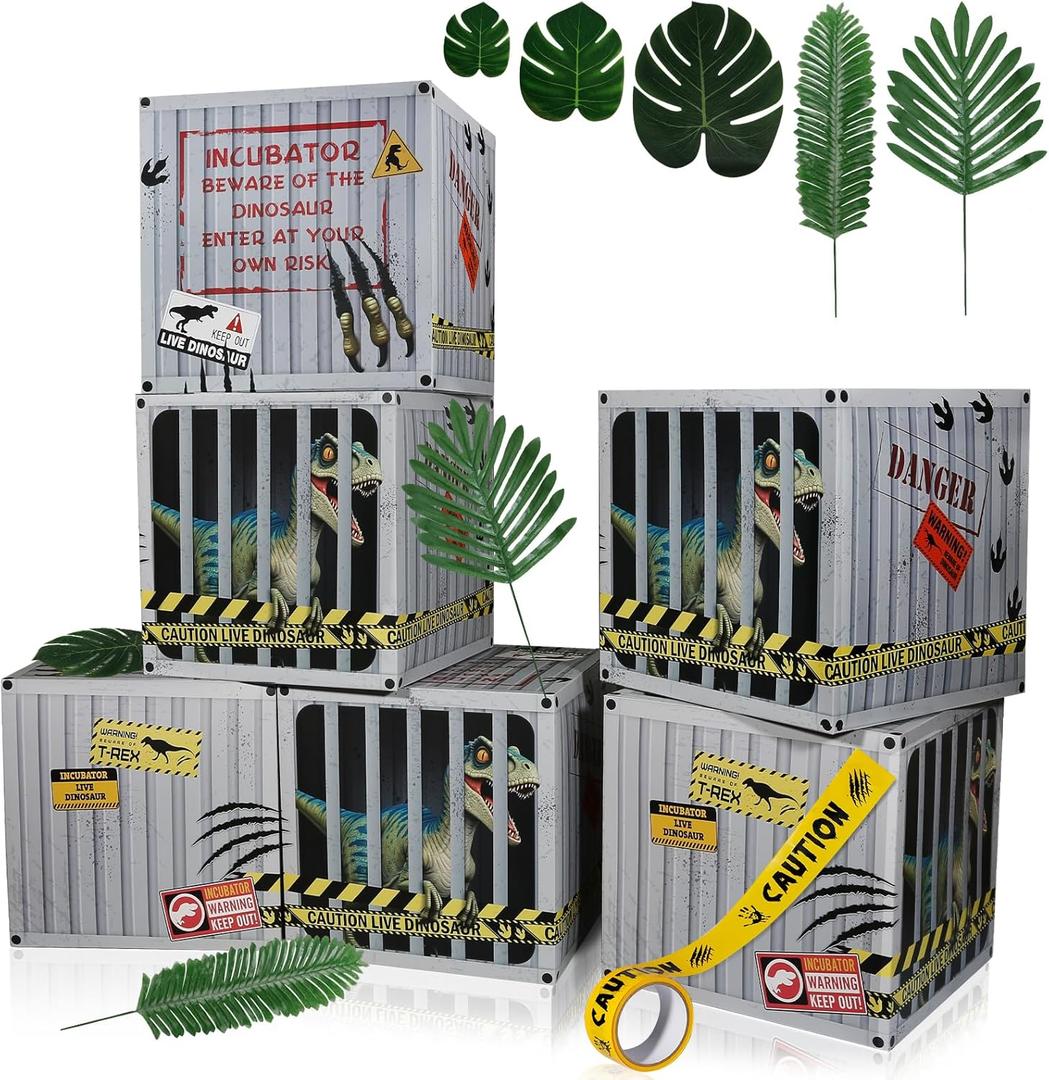 27 Pcs Dinosaur Party Decorations Include 6 Dinosaur Theme Paper Boxes 20 Tropical Artificial Plants with 1 Warning Tape