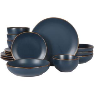 Gibson Home Hazeltine 16-Piece Navy Blue Stoneware Dinnerware Set Plates and Bowls, Durable Ceramic Kitchen Dinner Set