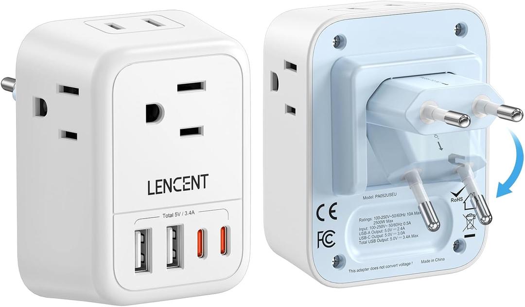 LENCENT European Travel Plug Adapter, Foldable US to Europe Plug Adapter with 4 Outlets, 4 USB (2 USB C) Charger Adapter, Type C Power Adaptor for USA to Italy Spain France Portugal Iceland Germany