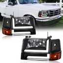 LED DRL Headlights Compatible with 1992-1996 Ford F150 F250 F350 & Ford Bronco Replacement Headlamp Amber Reflector Black Housing