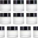 10Packs 10ml/0.33Oz Empty Frosted Glass Cosmetic Containers Refillable Sample Glass Jars with Leak Proof Black Lids Small Round Makeup Bottles for Lip Scrub Balm Lotions Sample Eye Creams DIY