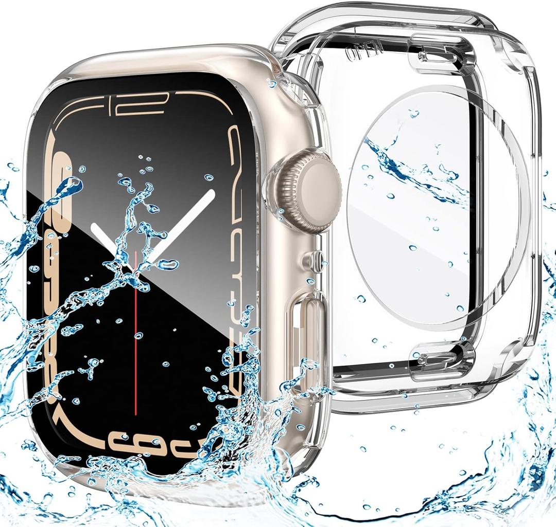 Goton 2 in 1 Waterproof Case for Apple Watch Series 9 8 7 Screen Protector 45mm, 360 Protective Glass Face Cover Hard PC Bumper + Back Frame for iWatch Accessories 45 mm (Clear)