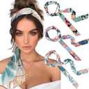 AWAYTR Women's Long Head Wraps - 3PCS Chiffon Criss Cross Headbands for Long Thick Hair (Flowering leaves, Red, White, Black)