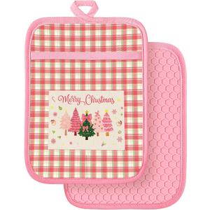 Slohif Silcone Christmas Pot Holders for Kitchen - 100% Cotton Pink Cute Oven Potholders with Pockets, Heat Resistant Square Thick Hot Pads, House New Home Baking Baker Gifts,2pack