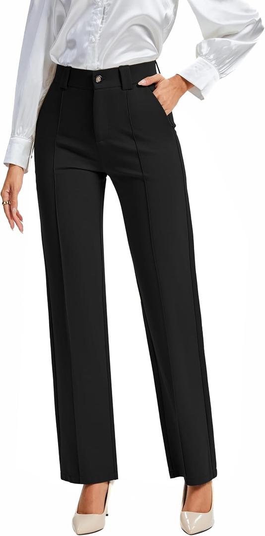 FUNYYZO Office Dress Pants for Women Stretch High Waisted Casual Business Long Trousers with Deep Pockets (Black, L)