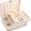 Voova Jewelry Box Organizer for Women Girls, 2 Layer Large Men Jewelry Storage Case, PU Leather Display Jewellery Holder with Removable Tray for Necklace Earrings Rings Bracelets, Vintage Gift,Apricot